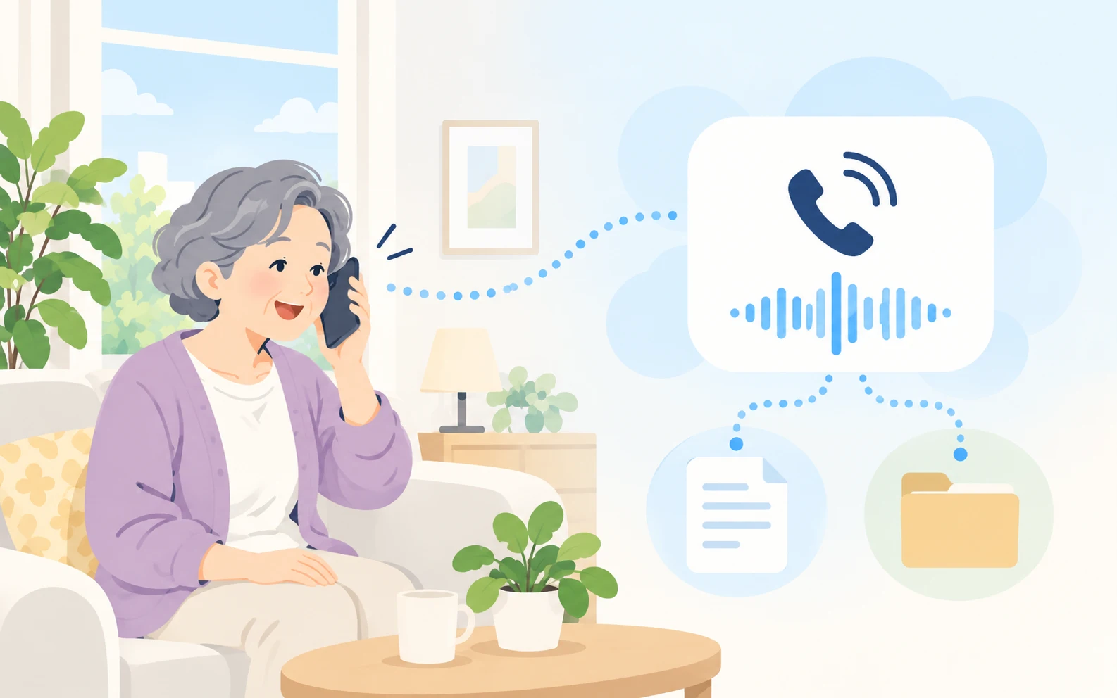 電話で相談する住民と、公式情報をもとに案内するAIのイメージ